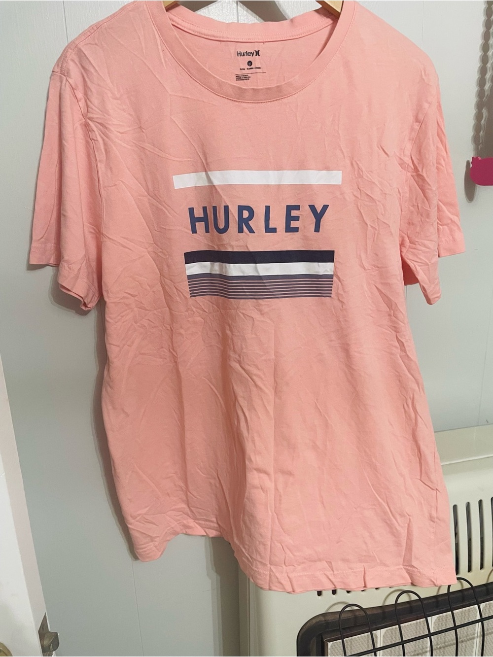 Hurley Men’s Coral Pink Logo Stripe Short Sleeve Tee